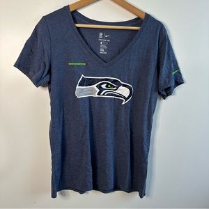 NFL Team Apparel Seattle Seahawks V Neck Tee Shirt Short Sleeve Blue Large